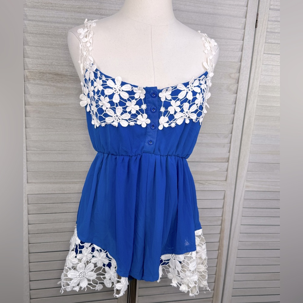 Shortie Romper Blue with White Lace Trim-Medium